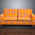 Plaid Patterned Two Seater Sofa In Orange And Yellow With Armrests And Wooden Legs