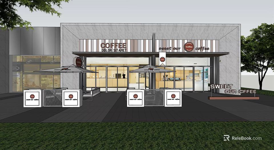 Modern Coffee Sweet Cafe Exterior With Outdoor Seating Umbrellas And Glass Doors 3d model 