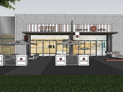Modern Coffee Sweet Cafe Exterior With Outdoor Seating Umbrellas And Glass Doors 3d model