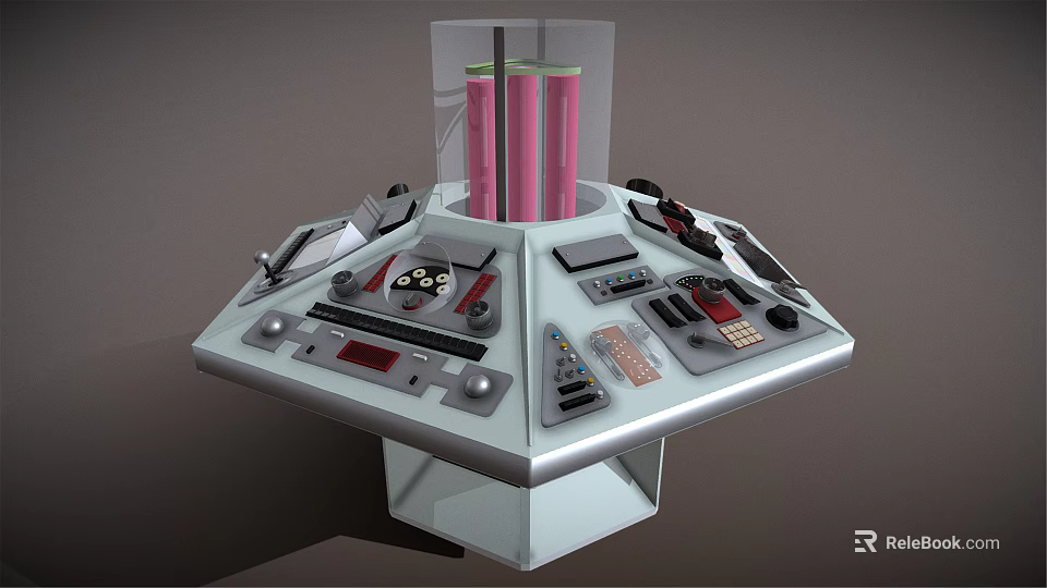 Futuristic Control Console With Multiple Panels Transparent Cylinder And Pink Elements 3d model 