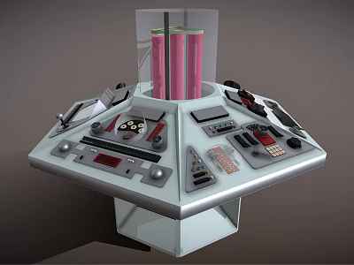 Futuristic Control Console With Multiple Panels Transparent Cylinder And Pink Elements 3d model