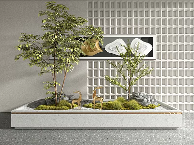 Indoor Landscape Featuring Trees Deer Figurines Moss Stones White Grid Wall and Decorative Painting 3d model
