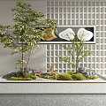 Indoor Landscape Featuring Trees Deer Figurines Moss Stones White Grid Wall and Decorative Painting
