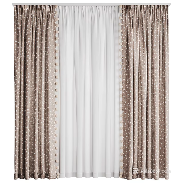 Brown Curtains With White Polka Dots And White Sheer Curtains For Home Interior 3d model 