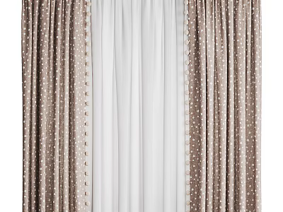 Brown Curtains With White Polka Dots And White Sheer Curtains For Home Interior 3d model