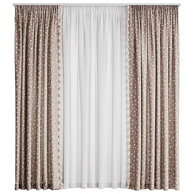 Brown Curtains With White Polka Dots And White Sheer Curtains For Home Interior 3d model