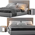Modern Upholstered Double Bed With Plush Pillows And Soft Gray Blanket