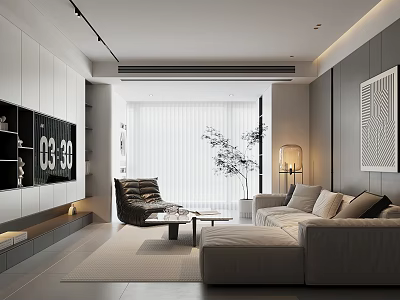 Modern Minimalist Living Room Interior With Light Sofa Coffee Table TV Unit And Floor Lamp 3d model