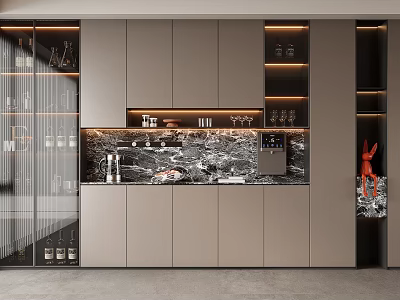 Modern Wine Cabinet Design With Glass Doors Marble Countertop And LED Lighting 3d model