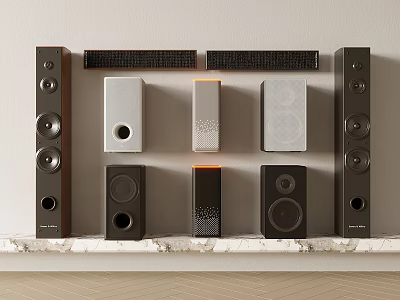 Various Designed Audio Speakers Arranged Neatly On White Countertop With Light Wall Background 3d model