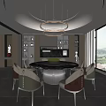 Modern Restaurant Interior With Circular Pendant Lights Round Dining Table And Large Windows 3d model