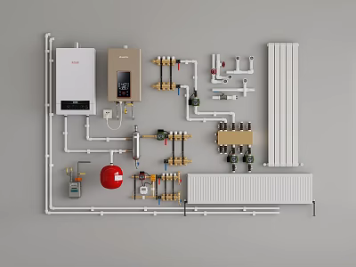 Home Radiator Heating System With Pipes Valves Thermostat And Control Components 3d model