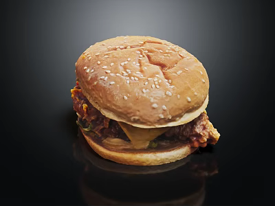Delicious Juicy Hamburger With Sesame Seed Bun Patty And Cheese On Black Background With Reflection 3d model