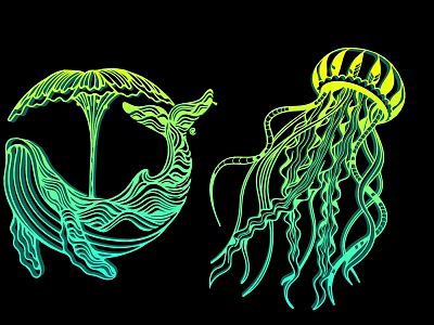 Whale And Jellyfish Neon Line Art Hanging Decor With Black Background 3d model