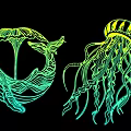 Whale And Jellyfish Neon Line Art Hanging Decor With Black Background