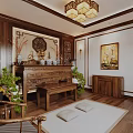 Traditional Chinese Religious Worship Space With Wooden Shrine Lantern Lights And Decorative Plants