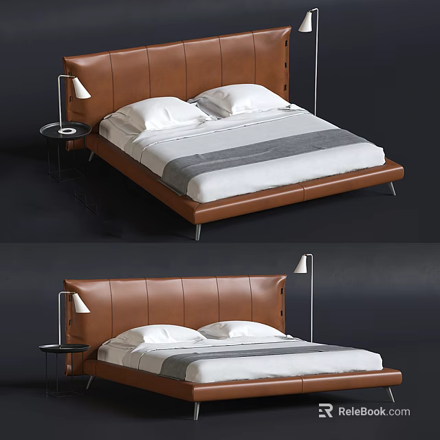 Modern Double Bed With Brown Leather Headboard White Sheets Gray Stripes And Nightstand Lamp 3d model 