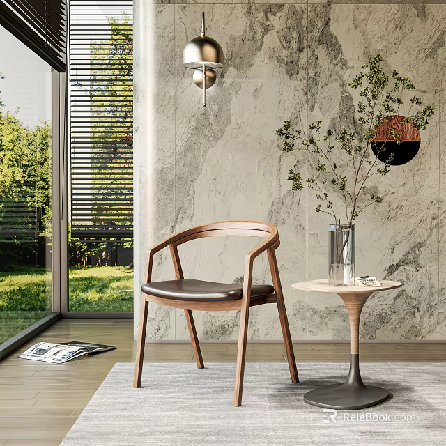 Modern Accent Chair With Wooden Frame Leather Seat Near Large Window Green View And Marble Wall 3d model 