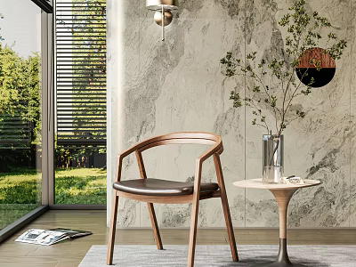 Modern Accent Chair With Wooden Frame Leather Seat Near Large Window Green View And Marble Wall 3d model