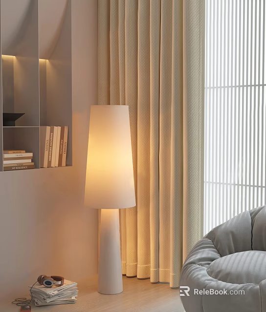 Tall White Floor Lamp With Soft Glow Near Beige Curtains And Gray Sofa 3d model 