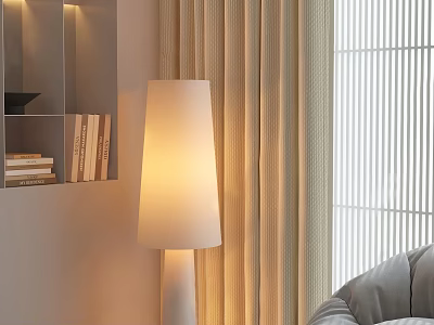 Tall White Floor Lamp With Soft Glow Near Beige Curtains And Gray Sofa 3d model