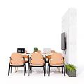 Modern Conference Table With Laptop And Orange Chairs Near Large Screen On White Wall