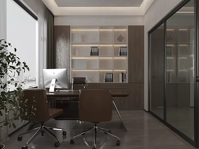 Modern Office Interior With Open Desk Computer Bookshelf Green Plant And Glass Partition 3d model