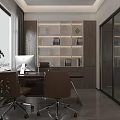 Modern Office Interior With Open Desk Computer Bookshelf Green Plant And Glass Partition
