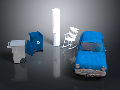 Gray Trash Bin Blue Recycling Bin White Column Rocking Chair And Vintage Car 3d model