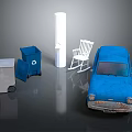Gray Trash Bin Blue Recycling Bin White Column Rocking Chair And Vintage Car