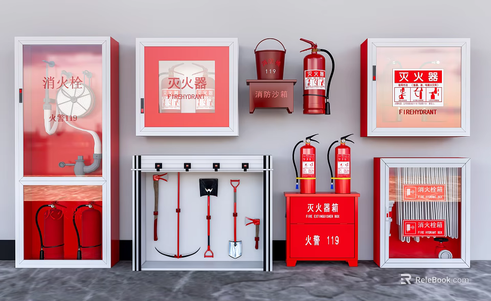 Fire Fighting Equipment Display With Red Cabinets Fire Extinguishers Hydrants Axes And Shovels 3d model 