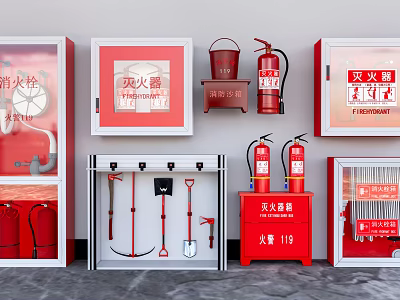 Fire Fighting Equipment Display With Red Cabinets Fire Extinguishers Hydrants Axes And Shovels 3d model