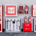 Fire Fighting Equipment Display With Red Cabinets Fire Extinguishers Hydrants Axes And Shovels