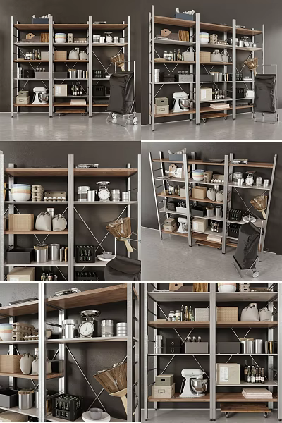Modern Storage Shelving Units With Containers Baskets And Jars For Home Organization 3d model
