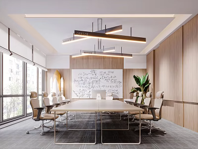 Modern Conference Room Interior With Large Windows Wooden Walls Whiteboard Long Table And Beige Chairs 3d model