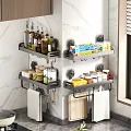 Organized Kitchen With Wall Mounted Shelves Holding Spices Food Containers And Cooking Utensils On Marble Walls