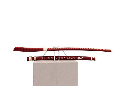 Decorative Ornament Set with Red Sword Sheath on Light Colored Stone Base 3d model