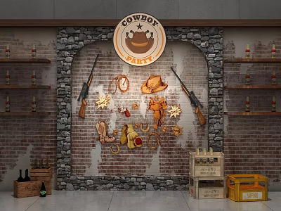 Western Cowboy Themed Event Entrance With Cowboy Hat Revolver Clock And Stone Brick Walls 3d model