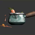 Blue Cooking Pot With Carrot Wooden Spoon And Spilled Soup Stains