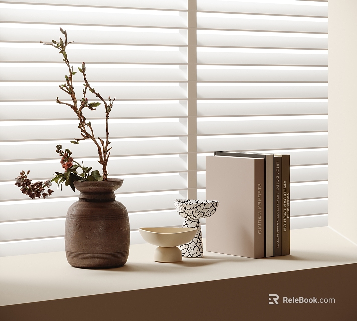 Decorative Ornament Set With Ceramic Vase Twigs Flowers White Bowl Geometric Decor And Books 3d model 