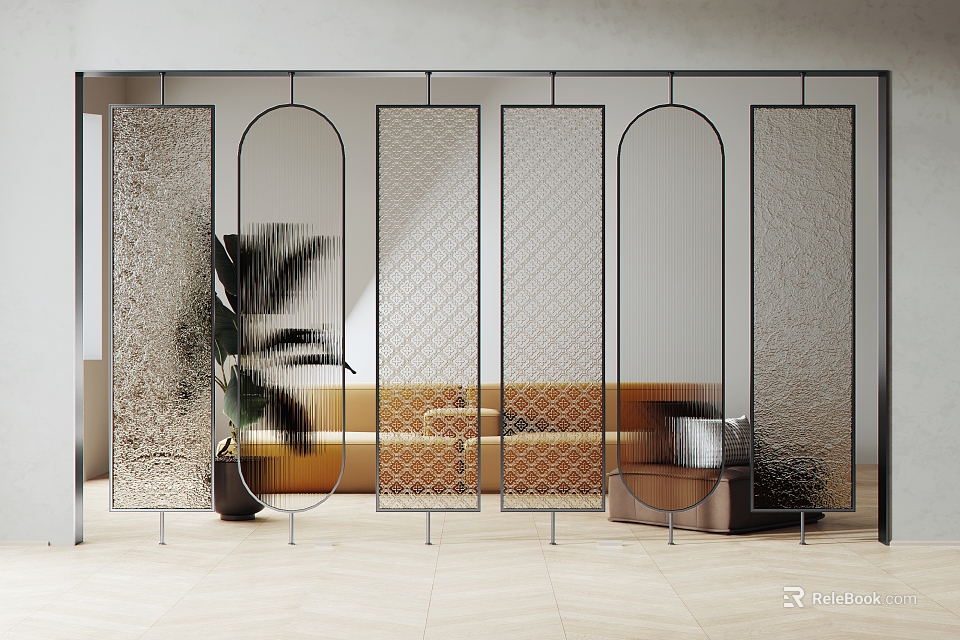 Modern Living Room Divider With Metal Frame And Mixed Glass Panels And Green Plant 3d model 