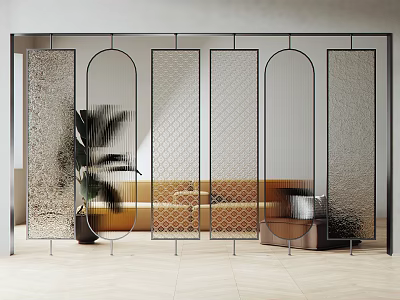 Modern Living Room Divider With Metal Frame And Mixed Glass Panels And Green Plant 3d model