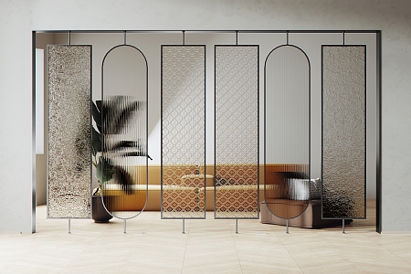 Very narrow metal frame glass screen partition begonia pattern glass carved glass Changhong glass art glass office partition 3d model