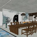 Modern Restaurant Open Space With Wooden Tables Chairs And Branch Texture Ceiling