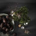 Decorative Ornament Set With Pine Cones Candles Evergreen Branches And Marble Bowl