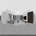 Modern Living Dining Room Interior With Gray Sofa TV Wall Area Rug And Chandelier