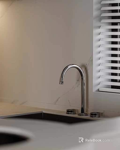 Contemporary Bathroom Sink with Chrome Faucet Marble Countertop and Window Blinds on White Wall 3d model 
