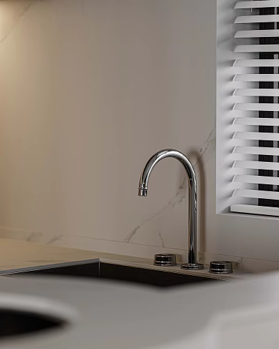 Contemporary Bathroom Sink with Chrome Faucet Marble Countertop and Window Blinds on White Wall 3d model