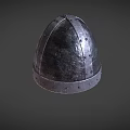 Medieval Dark Colored Metal Helmet Featuring Detailed Rivets and Back Flap Vintage Design