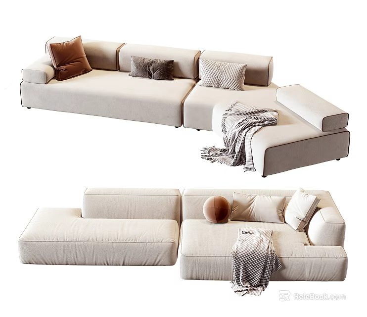 Modern Beige Sectional Sofa With Soft Decorative Pillows And Cozy Throw Blanket 3d model